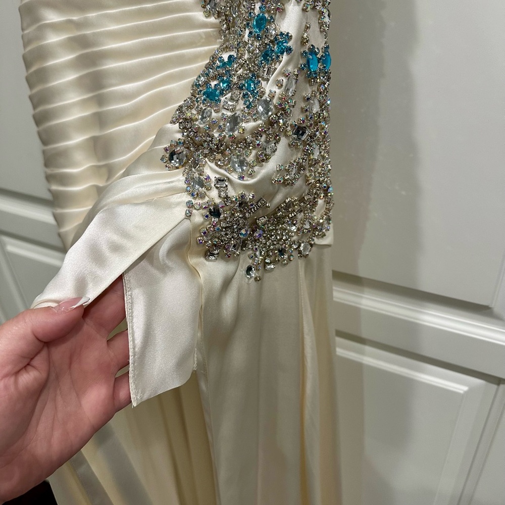 Sherri Hill Elegant White Pageant Gown w/ Large Blue & Clear Rhinestones - Picture 4 of 17